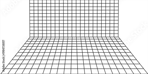 perspective grid room with floor and wall lines forming 3D space, wireframe background vector in outline, geometric pattern for tech, design, architecture use