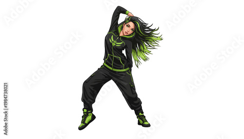 A young woman in a black and green outfit dancing energetically