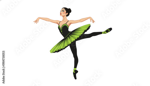 A beautiful ballerina wearing a green butterfly costume dancing in studio