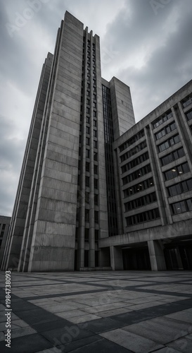 Massive brutalist concrete skyscraper rising against dark moody overcast clouds