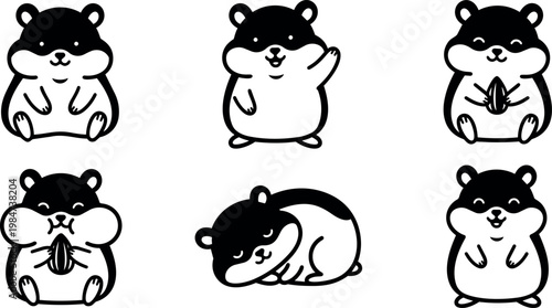 Cute black and white hamsters sitting waving eating and sleeping vector art