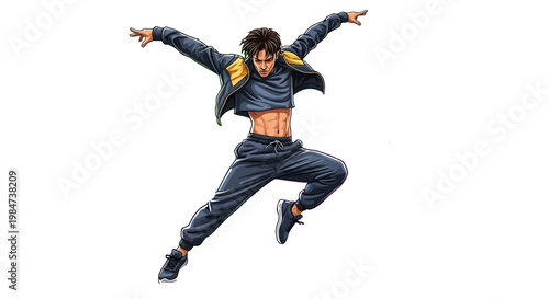 A young man dancing energetically with colorful paint splatters behind him