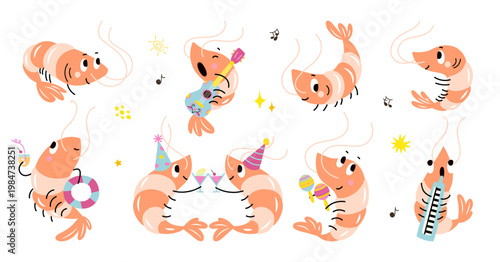 Adorable shrimps. Cartoon underwater animals, funny shrimp singing and play music. Seafood characters for restaurant menu, cute stickers, nowaday vector clipart