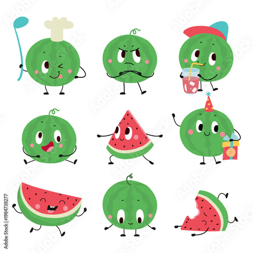 Watermelon characters. Juicy fruits cartoon mascots. Funny watermelons and slices with different emotions and poses. Adorable fruit nowaday vector set