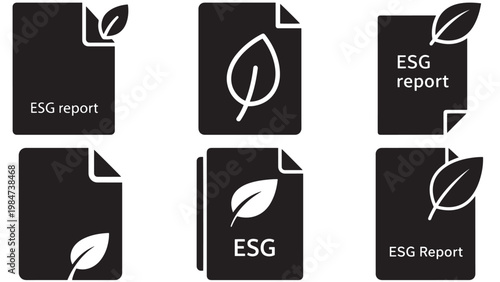 ESG Report Document Icon with Leaf Corner — Minimal Black-and-White Solid Silhouette, Flat Vector, Isolated on White