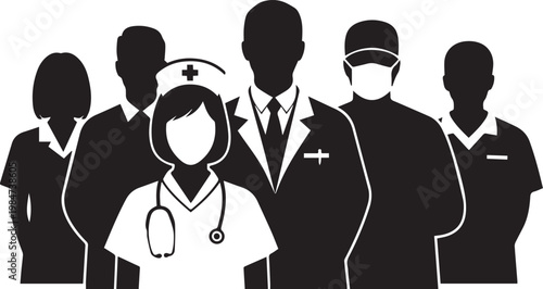 Black and white illustration of medical professionals standing together
