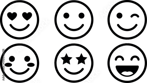 Black and white smiley faces icon set with hearts stars and winking eyes
