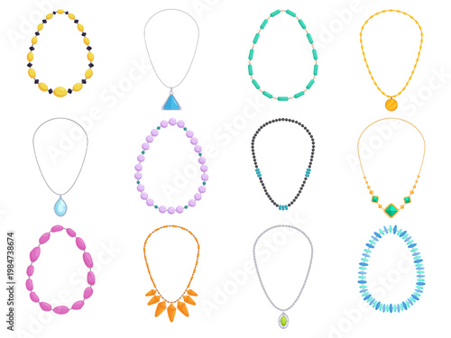 Cartoon female necklace. Gold silver necklaces, with beads and pendants. Neck jewelry decorations for girl, woman with gemstones, jewel sapid vector accessories