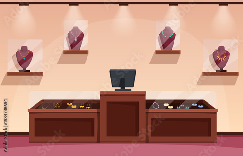 Cartoon jewelry store. Display case with precious gold and silver bracelets, earrings. Mannequins with necklaces and pendant chains. Sapid vector interior