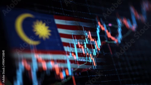 Malaysia stock market growth shows rising financial chart over national flag background for economic analysis and investment planning with glowing digital trade data in dynamic cinematic motion.