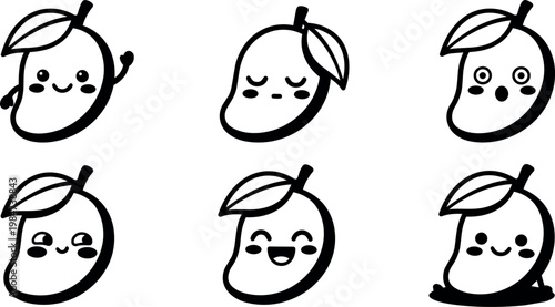 Black and white kawaii mango characters expressing different emotions vector art