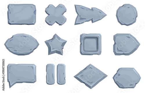 Cartoon stone boards. Game menu, arrows and buttons. Isolated ui ux design panels, plank interface stoned elements. Pause, start, exit button sapid vector set