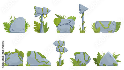 Jungle stone plates. Stoned banners with tropical plants, palm leaves, lianas. Isolated arrows direction, panels. Cartoon game design, sapid vector collection