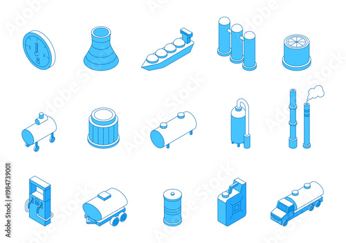 Isometric line fuel factory. Extraction and processing of fuel, oil, gas. Transportation by water, land, pipes, special containers, canister, nifty vector set