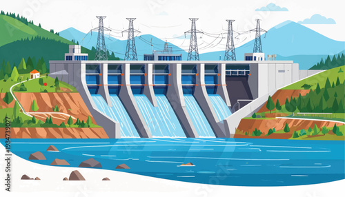 Hydroelectric Dam Power Plant Generating Clean Renewable Energy. Large Water Reservoir Infrastructure and Electricity Transmission Tower Flat Vector Illustration.