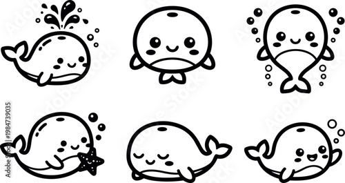 Cute black and white whale vector art in various playful poses with bubbles and starfish