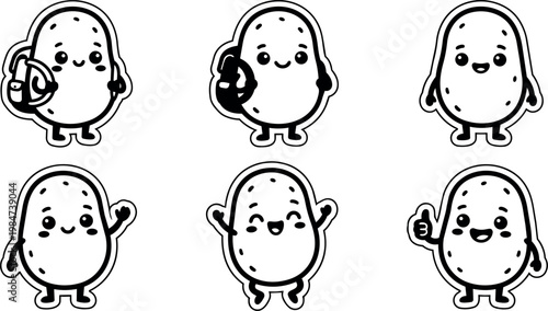 Cute black and white cartoon potato characters with varied hand gestures vector art