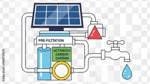 Solar Powered Water Purification System Diagram | Renewable Energy Water Filter Technology Illustration | Sustainable Clean Water Treatment