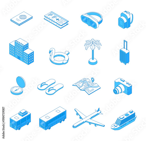 Isometric line travel icons. 3d line airplane, ship, buses. Isolated hotel building, summer swim accessories, suitcase. Tourism, leisure, vacations nifty vector set