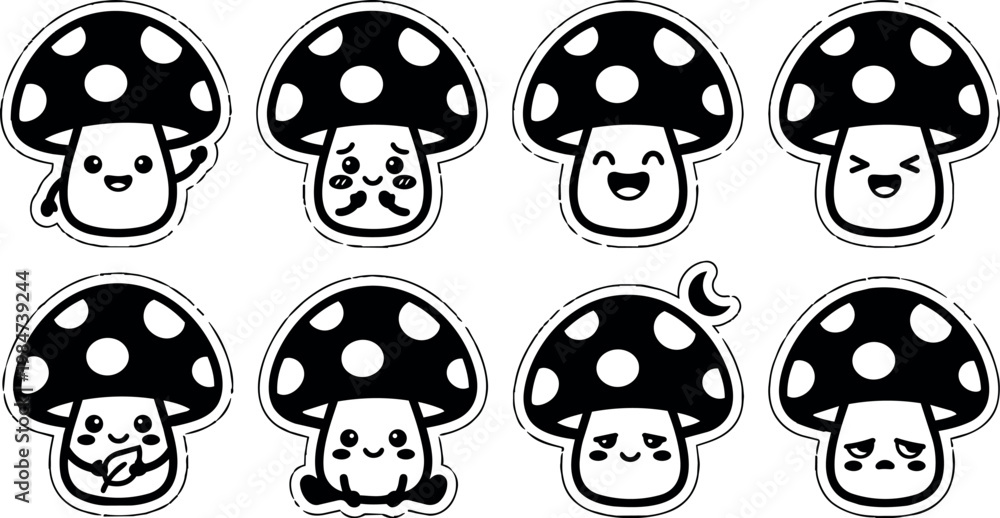 Obraz premium Black and white cartoon mushrooms with different facial expressions vector art