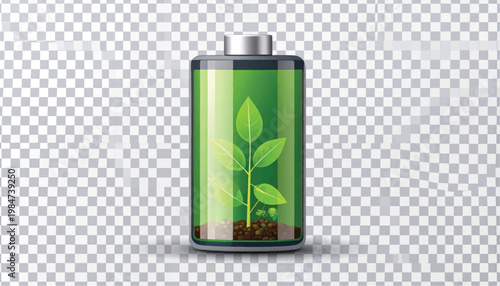 Sustainable Green Energy Battery with Plant Growing Inside. Eco-Friendly Technology, Renewable Power Concept. Isolated on Transparent Background.