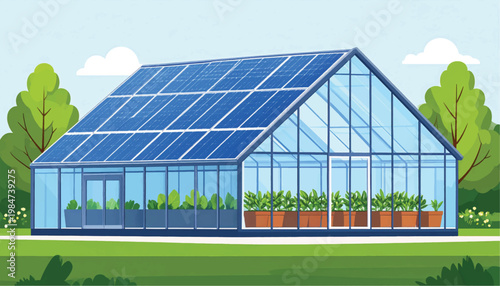 Modern Solar Greenhouse Illustration: Sustainable Farming, Renewable Energy, and Eco-Friendly Agriculture Technology.