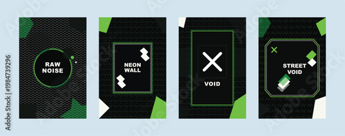 Abstract cyberpunk poster set with neon green elements and dark geometric textures