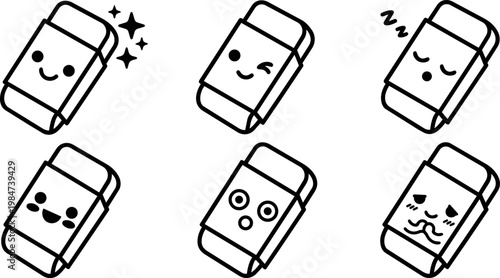 Black and white kawaii erasers with smiling winking and sleeping faces vector art