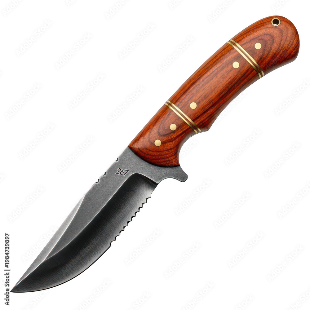 Obraz premium A sharp tactical hunting knife featuring a dark serrated steel blade and a polished wooden handle