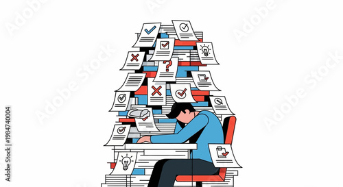 Stressed professional drowning in an overwhelming mountain of paperwork and tasks, illustrating the burden of excessive workload, deadlines, and administrative challenges