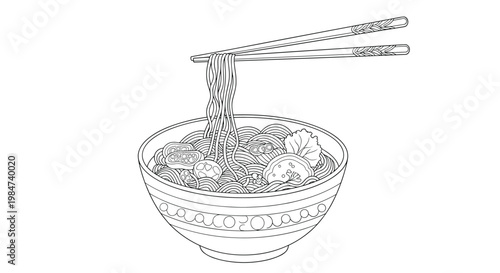 Intricate line art drawing of a bowl of ramen noodles being lifted with chopsticks, featuring visible broth and vegetable garnishes for a culinary menu.