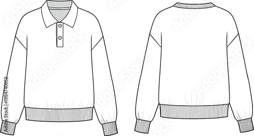 Vector technical flat fashion sketch template of a long sleeve oversized polo sweater sweatshirt with ribbed cuffs and hem details