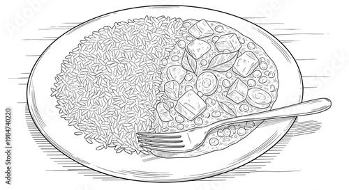 Detailed cross-hatched illustration of a plate containing a large portion of rice alongside a vegetable curry stew with a silver fork for a food concept.