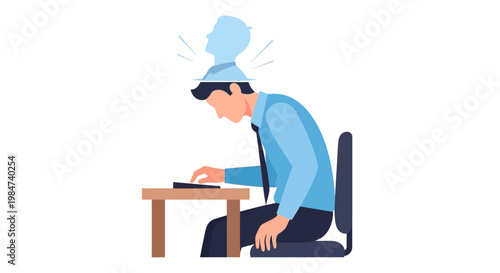 Brain drain Man sitting at desk with an empty head silhouette above, symbolizing mental exhaustion and overwork