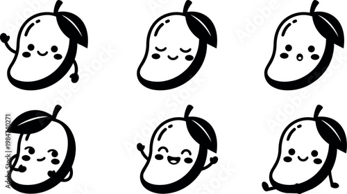 Black and white cute mango characters with leaf showing various happy emotions