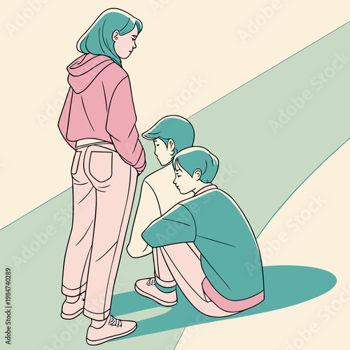 Three young people in casual clothing diverse poses muted colors with teenager clothing illustration minimalist adolescent genderless sociable relationship friendship connection standing