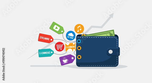 Conceptual illustration of a digital wallet with various online spending tags, depicting modern e-commerce trends, financial growth, and smart money management
