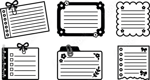 Black and white floral and ribbon decorated lined note cards and checklist icons