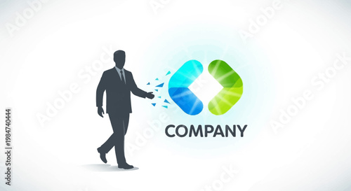 Abstract illustration depicting a businessman's energetic transformation and seamless integration into a vibrant, forward-thinking company brand identity