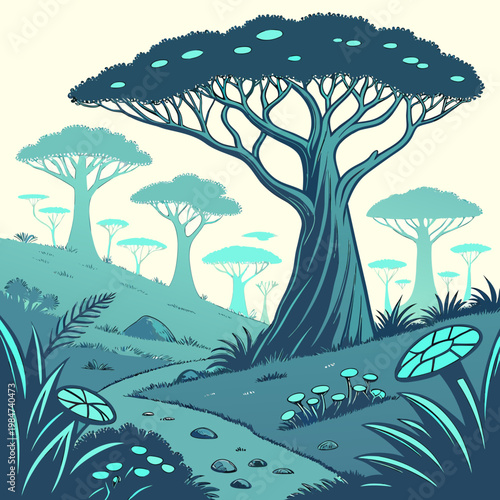 Alien landscape with unique trees rolling hills path other world landscape environment illustration stylized imagination otherworldly outdoors background dreamlike vegetation artistic