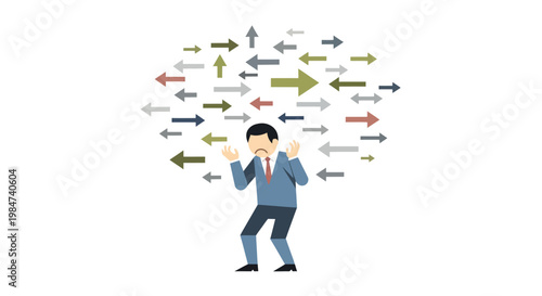 Overwhelmed Businessman Surrounded by Arrows Representing Stress and Chaos