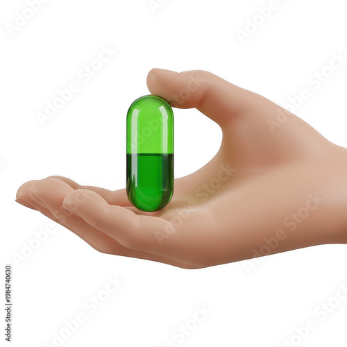 A hand holding a single green pharmaceutical capsule medication for health and wellness treatment