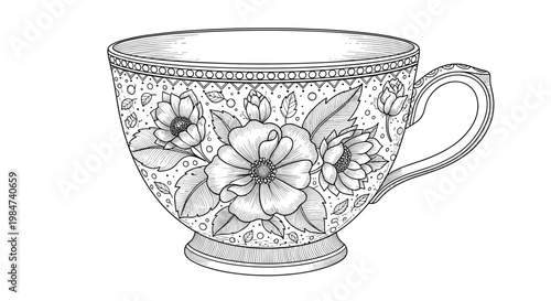 An elegant teacup adorned with intricate floral patterns of blooming roses and delicate leaves sits as a detailed black and white pen and ink drawing.