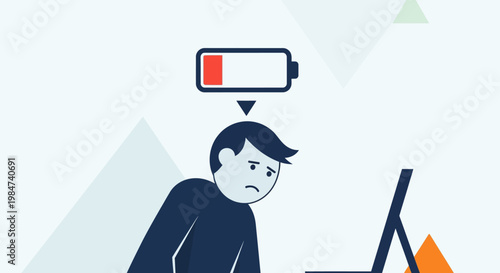 Conceptual illustration of an exhausted person with a low battery symbol, representing burnout and mental fatigue from excessive work and digital screen time