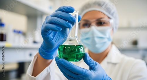 Female Scientist in Mask Holding Glass Flask with Green Liquid for Chemical Laboratory Research 2026