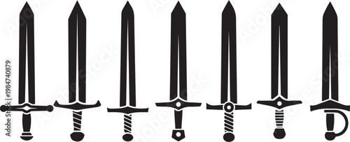 A stark depiction of a medieval sword blade and hilt clearly defined in black a minimalist silhouette.Medieval sword blade and hilt silhouette vector illustration.