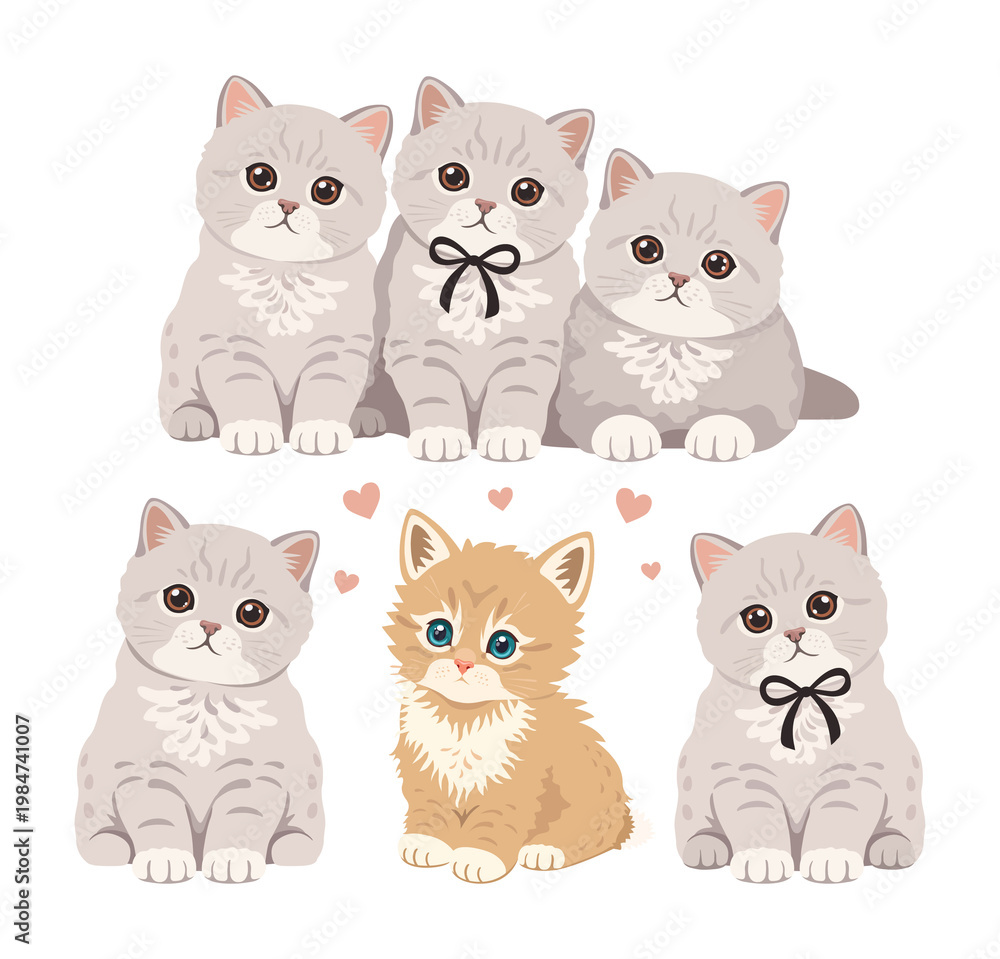 Fototapeta premium Cute fluffy ginger kitten with big blue eyes in flat vector style. Adorable cartoon pet illustration isolated on light background. Perfect for kids design, nursery decor, stickers, greeting cards, bra