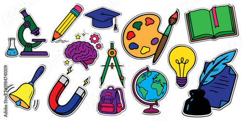 Collection of colorful school and education stickers. Hand drawn doodle set of microscope, globe, book, pencil, brain and science elements isolated on white background. Vector illustration.