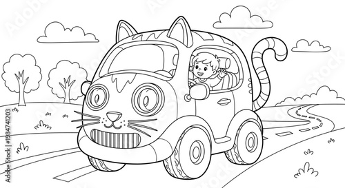 A cheerful young child drives a whimsical car shaped like a cat along a winding road surrounded by stylized trees and fluffy clouds in this fun drawing.