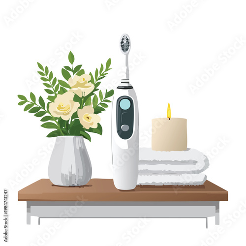 Modern bathroom still life featuring electric toothbrush and decorative elements